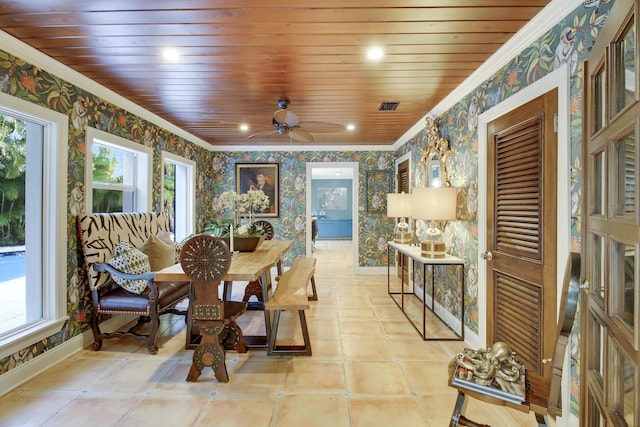 dining area featuring ceiling fan, wooden ceiling, crown molding, and light tile patterned flooring