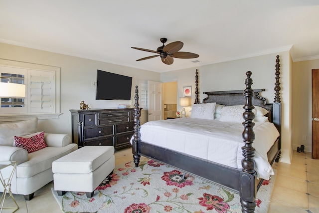 bedroom featuring ceiling fan, ornamental molding, and light tile patterned flooring