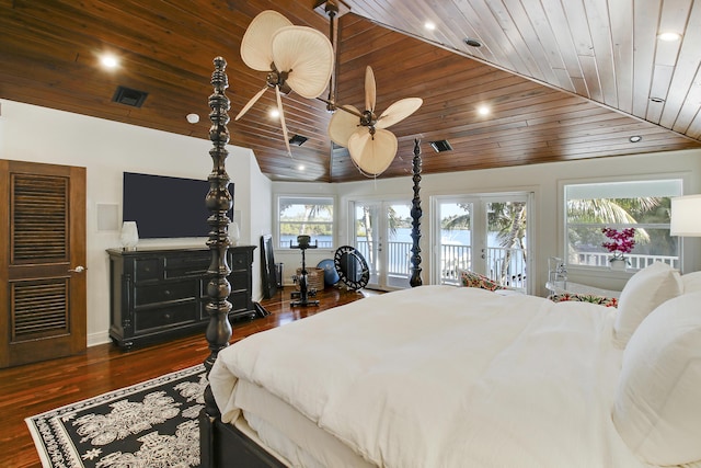 bedroom featuring wooden ceiling, ceiling fan, access to outside, dark hardwood / wood-style flooring, and french doors