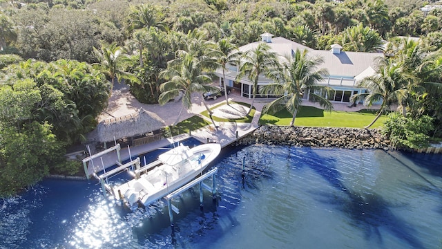 aerial view featuring a water view