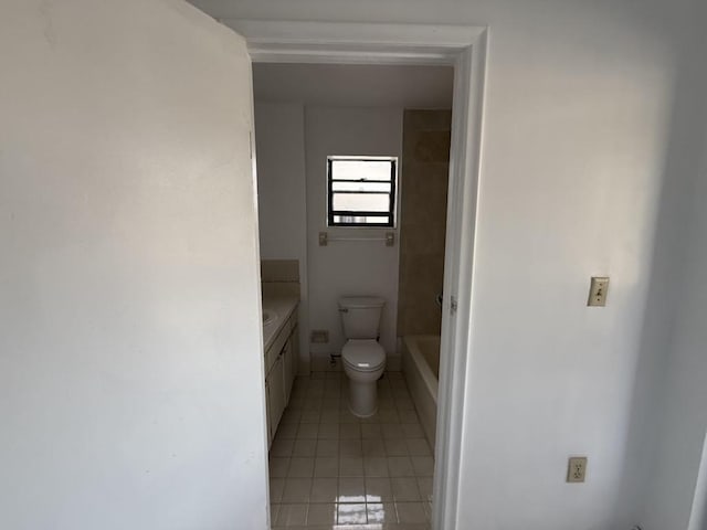 full bath featuring a shower, toilet, tile patterned flooring, a washtub, and vanity