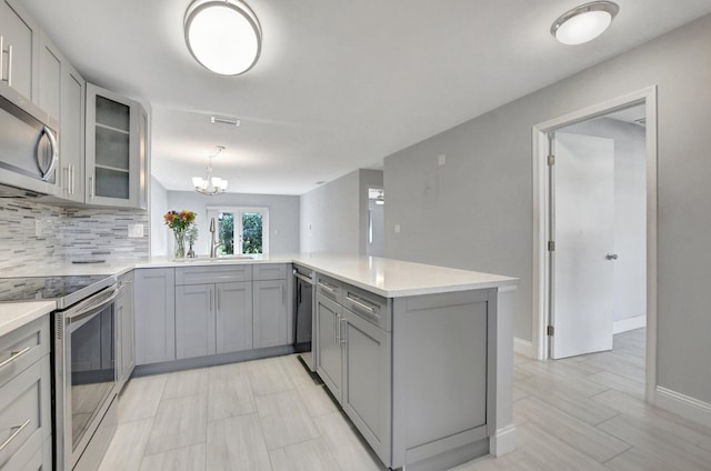 kitchen featuring kitchen peninsula, gray cabinetry, stainless steel appliances, sink, and decorative light fixtures