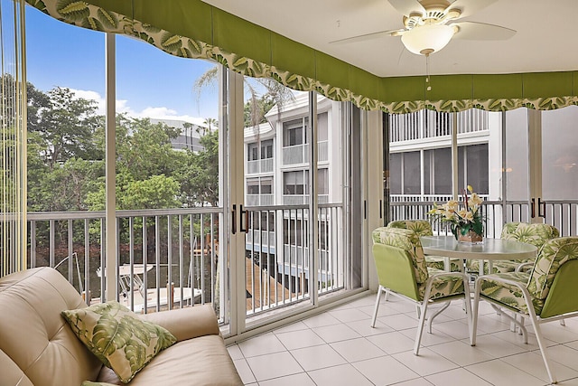 sunroom featuring ceiling fan