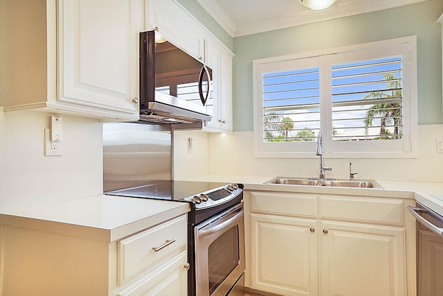 kitchen with stainless steel appliances, crown molding, and sink