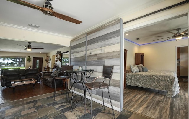 bedroom with crown molding