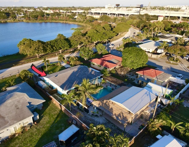 drone / aerial view featuring a water view