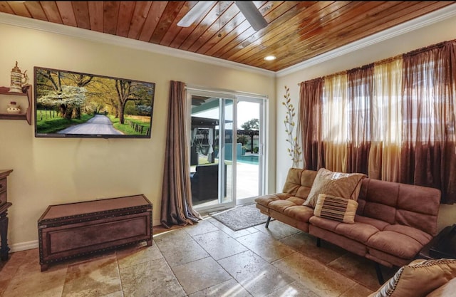 living room with wooden ceiling, ceiling fan, and ornamental molding