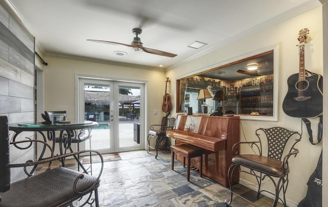 misc room featuring ceiling fan, crown molding, and french doors