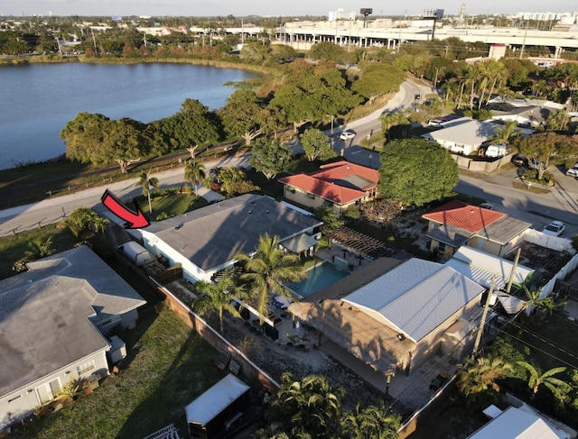 drone / aerial view with a water view