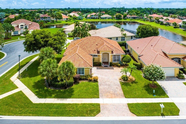 aerial view featuring a water view