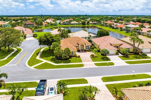 drone / aerial view featuring a water view