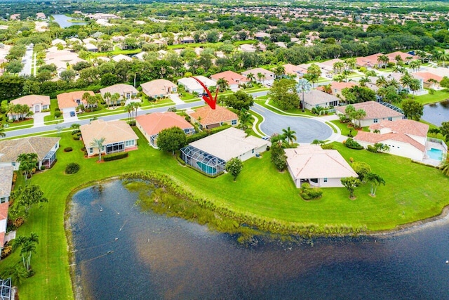 drone / aerial view featuring a water view