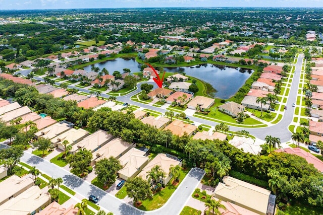 drone / aerial view featuring a water view