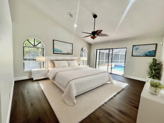 bedroom featuring high vaulted ceiling, ceiling fan, access to exterior, a textured ceiling, and dark hardwood / wood-style flooring