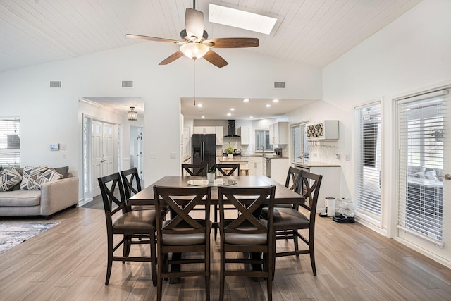 dining space with light hardwood / wood-style floors, ceiling fan, a healthy amount of sunlight, and wood ceiling