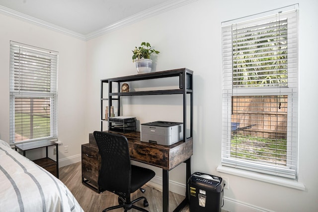 bedroom featuring crown molding and wood-type flooring