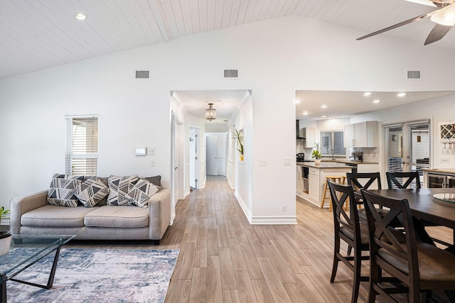 living room featuring ceiling fan, sink, wood ceiling, and light wood-type flooring