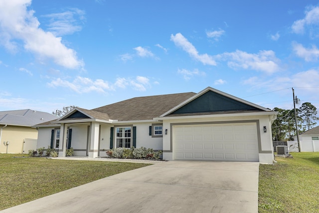 ranch-style home featuring a porch, cooling unit, a front yard, and a garage