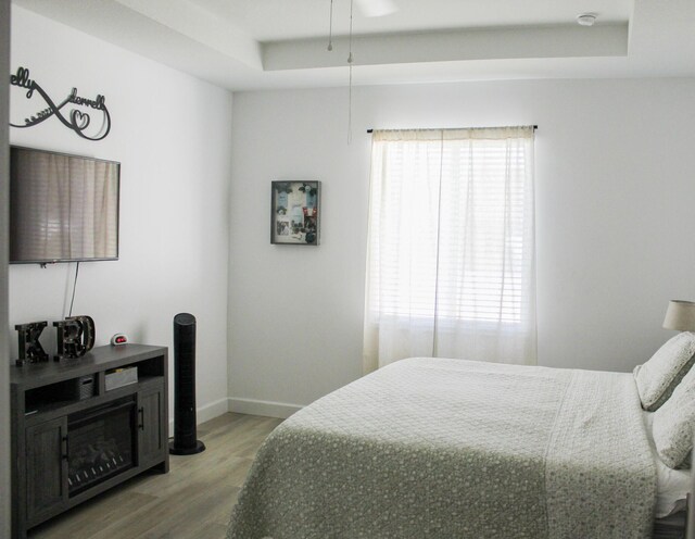 bedroom with hardwood / wood-style flooring and a tray ceiling