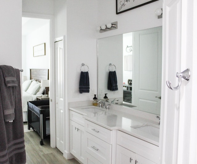 bathroom with hardwood / wood-style floors and vanity