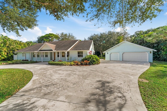 ranch-style house featuring a front lawn and a porch