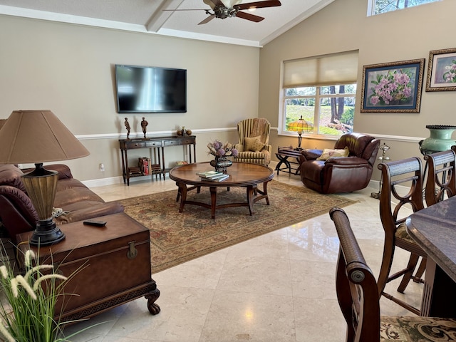 living room featuring ceiling fan and vaulted ceiling