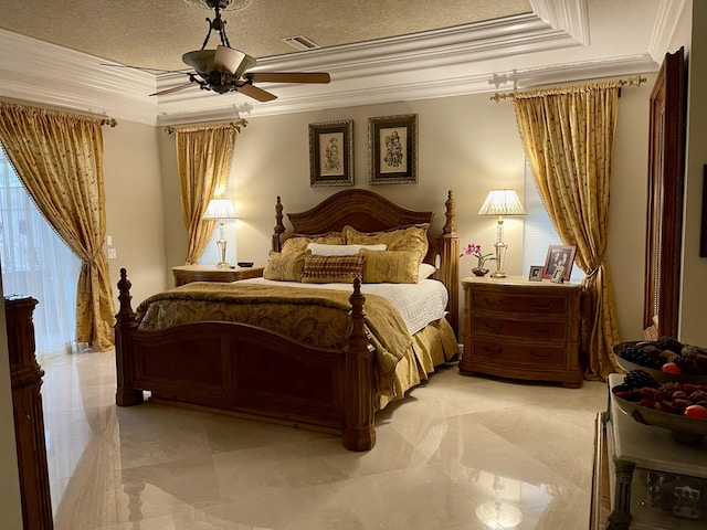 bedroom with crown molding, ceiling fan, a raised ceiling, and a textured ceiling