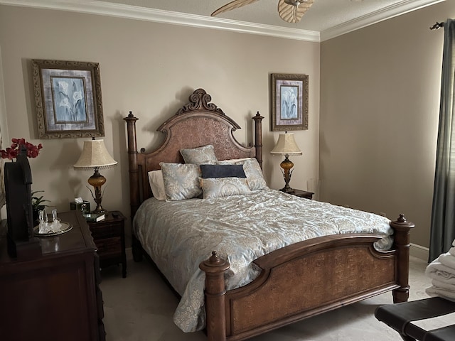 carpeted bedroom with ornamental molding