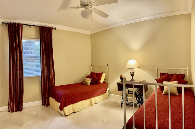 bedroom featuring ornamental molding and ceiling fan