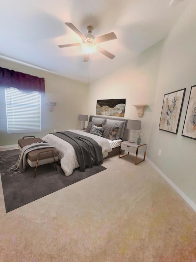 bedroom featuring ceiling fan, vaulted ceiling, and carpet