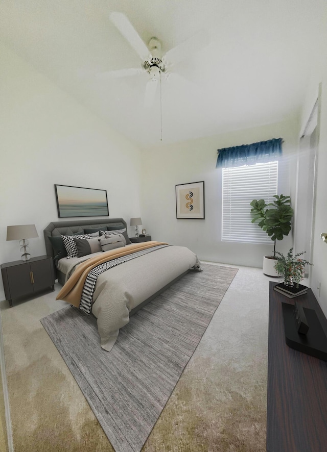 bedroom with lofted ceiling, light colored carpet, and ceiling fan