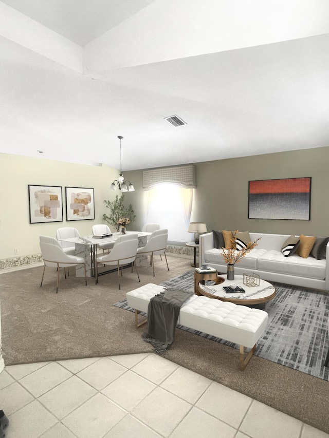 living room featuring carpet flooring and an inviting chandelier