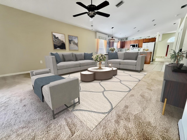 living room with ceiling fan and light colored carpet