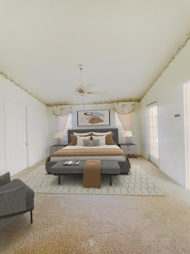 bedroom featuring light colored carpet and ceiling fan