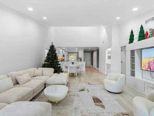 living room with light wood-type flooring and ornamental molding