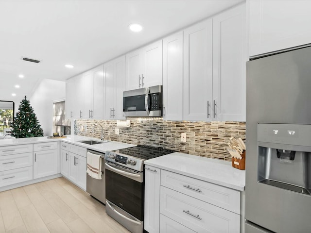 kitchen featuring sink, white cabinetry, stainless steel appliances, and tasteful backsplash