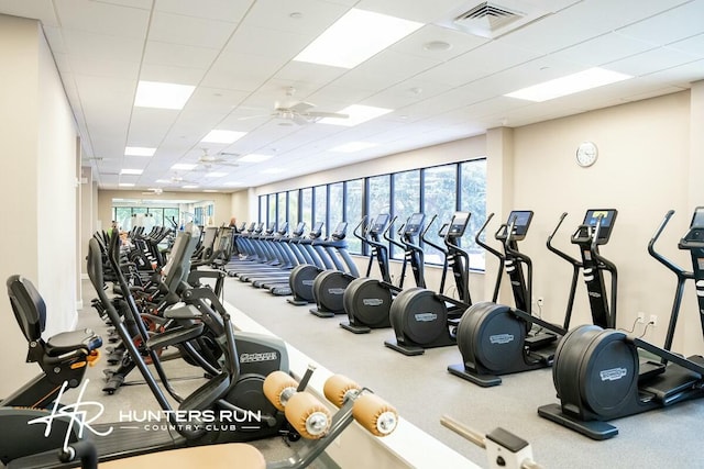 workout area featuring ceiling fan and a drop ceiling