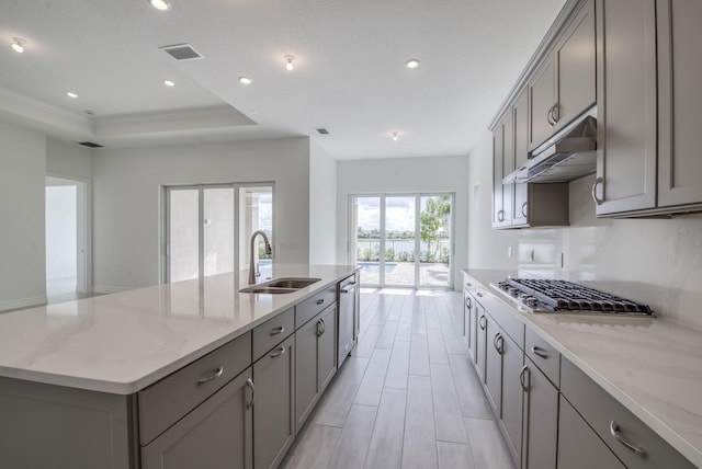 kitchen with light stone countertops, sink, an island with sink, extractor fan, and a tray ceiling