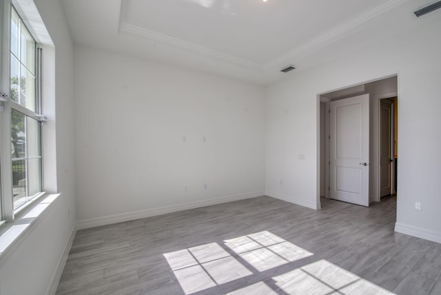 unfurnished room featuring a raised ceiling and light hardwood / wood-style flooring