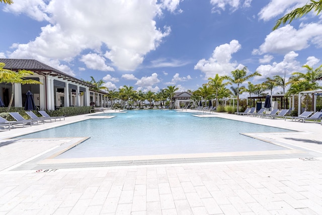 view of swimming pool with a patio