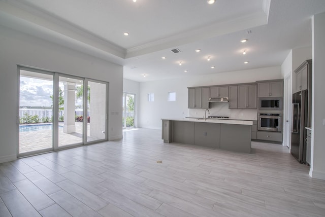 kitchen with a tray ceiling, gray cabinets, an island with sink, and appliances with stainless steel finishes