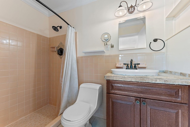 bathroom with toilet, a shower with shower curtain, tile walls, and ornamental molding