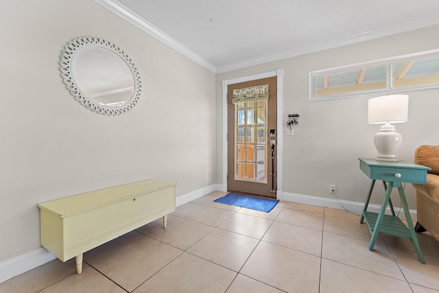 foyer featuring light tile patterned floors and crown molding