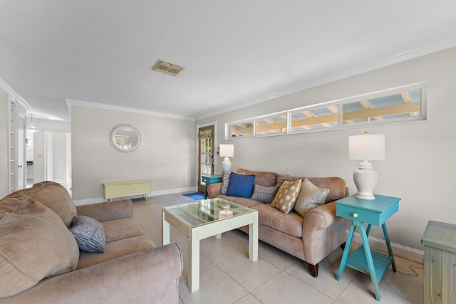 living room with light tile patterned floors and crown molding