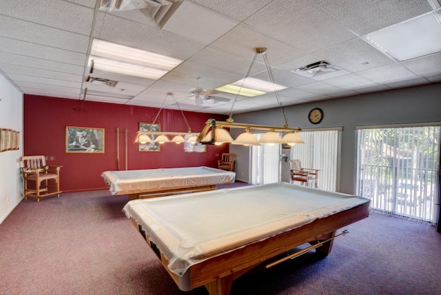 rec room with a paneled ceiling, billiards, and carpet