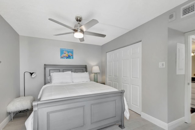 bedroom featuring ceiling fan and a closet