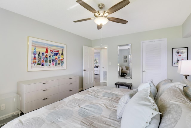 bedroom featuring ceiling fan and a closet