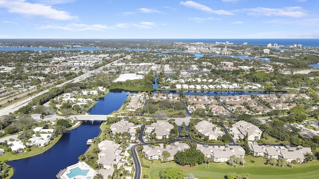 drone / aerial view featuring a water view