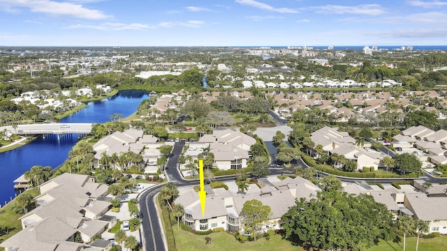 drone / aerial view featuring a water view