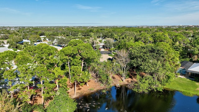 birds eye view of property with a water view and a forest view